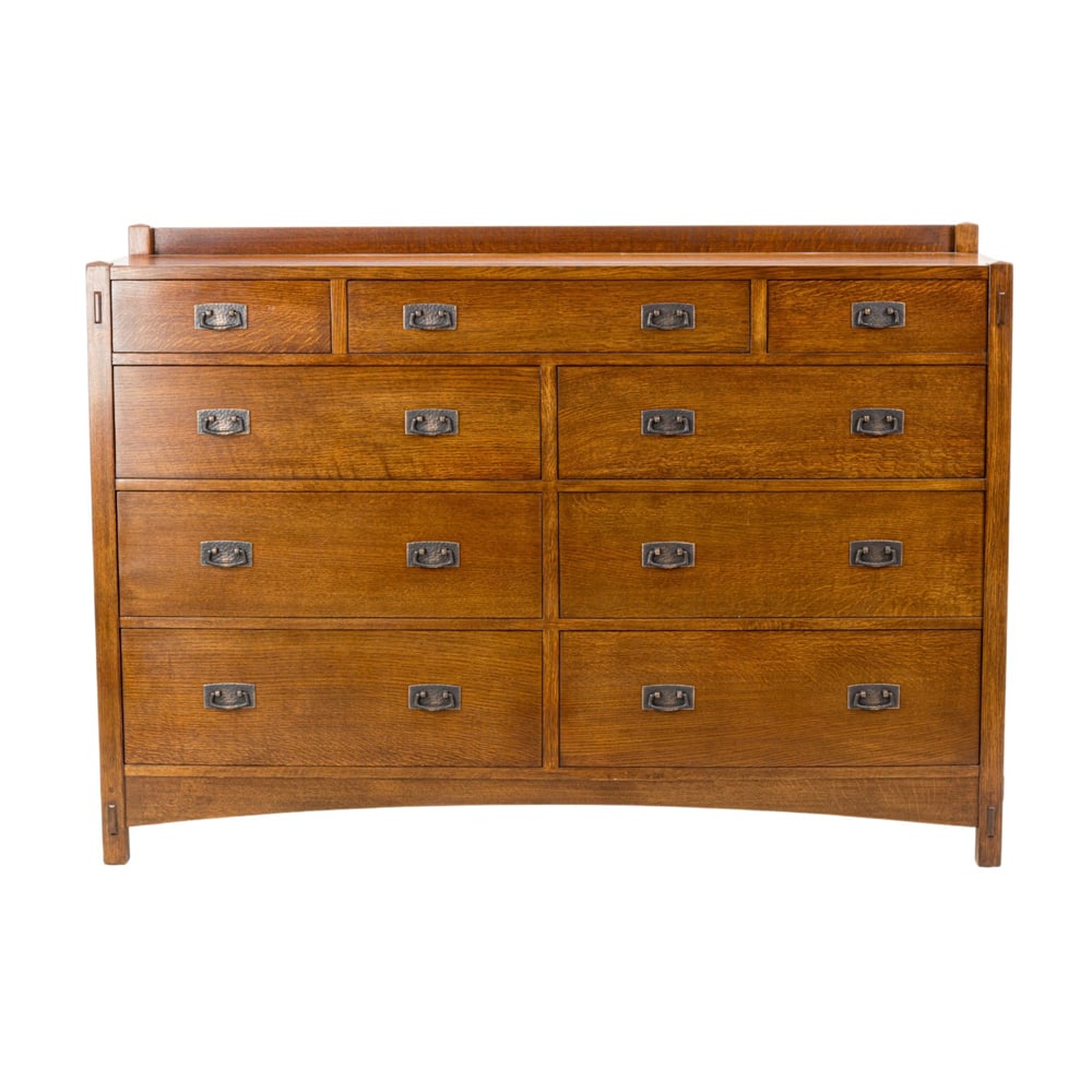 A large Arts and Crafts style Stickley Audi chest of drawers: A large Arts and Crafts style Stickley Audi chest of drawers, in quartersawn white oak with thru tenons and copper pulls, inside drawer with metal tag and impressed Stickley, 46"h x 66"w x 20"d