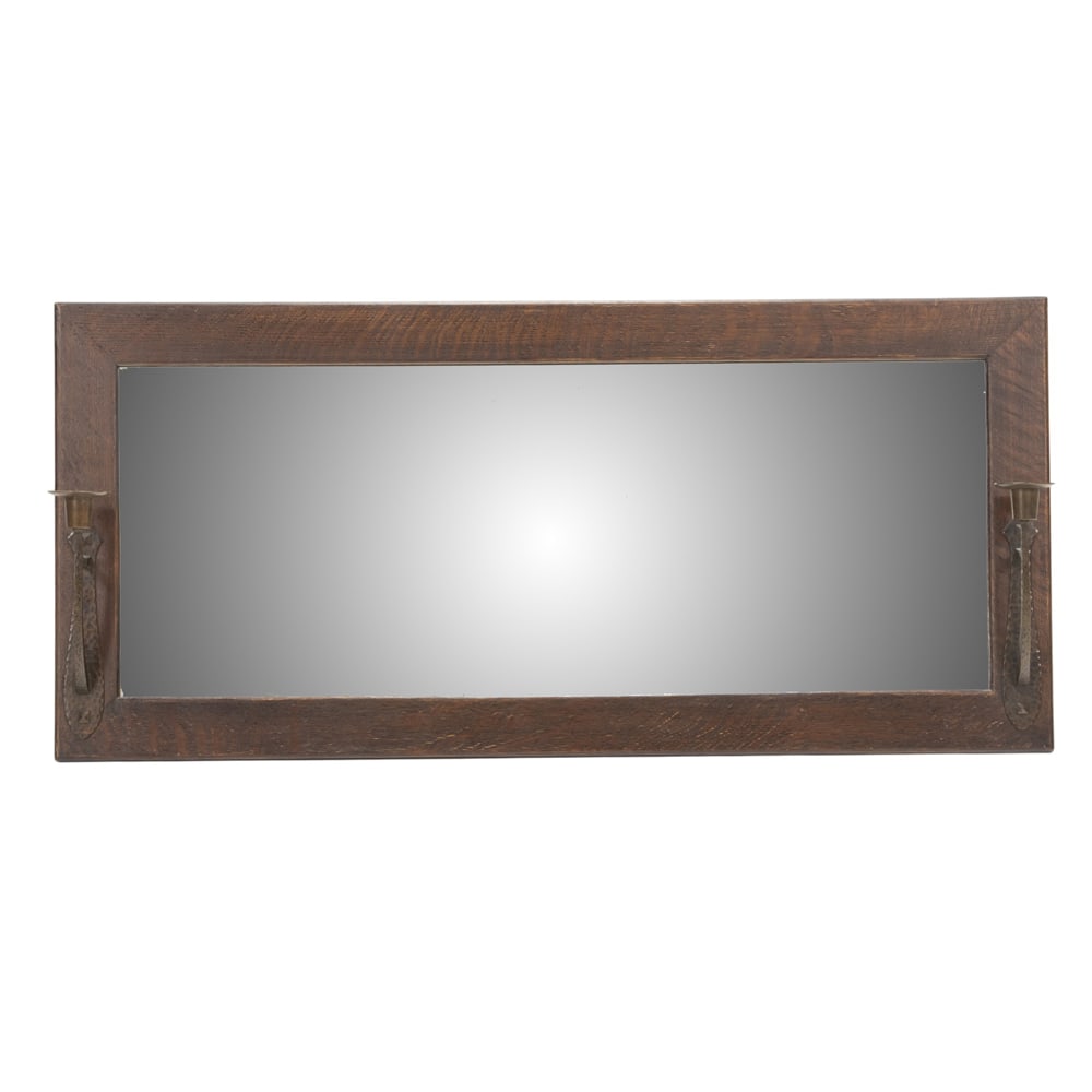 An early Gustav Stickley hall mirror: An early Gustav Stickley hall mirror, with original signed copper candle sconces at each side, 16.5"h x 35.5"w x 1"d