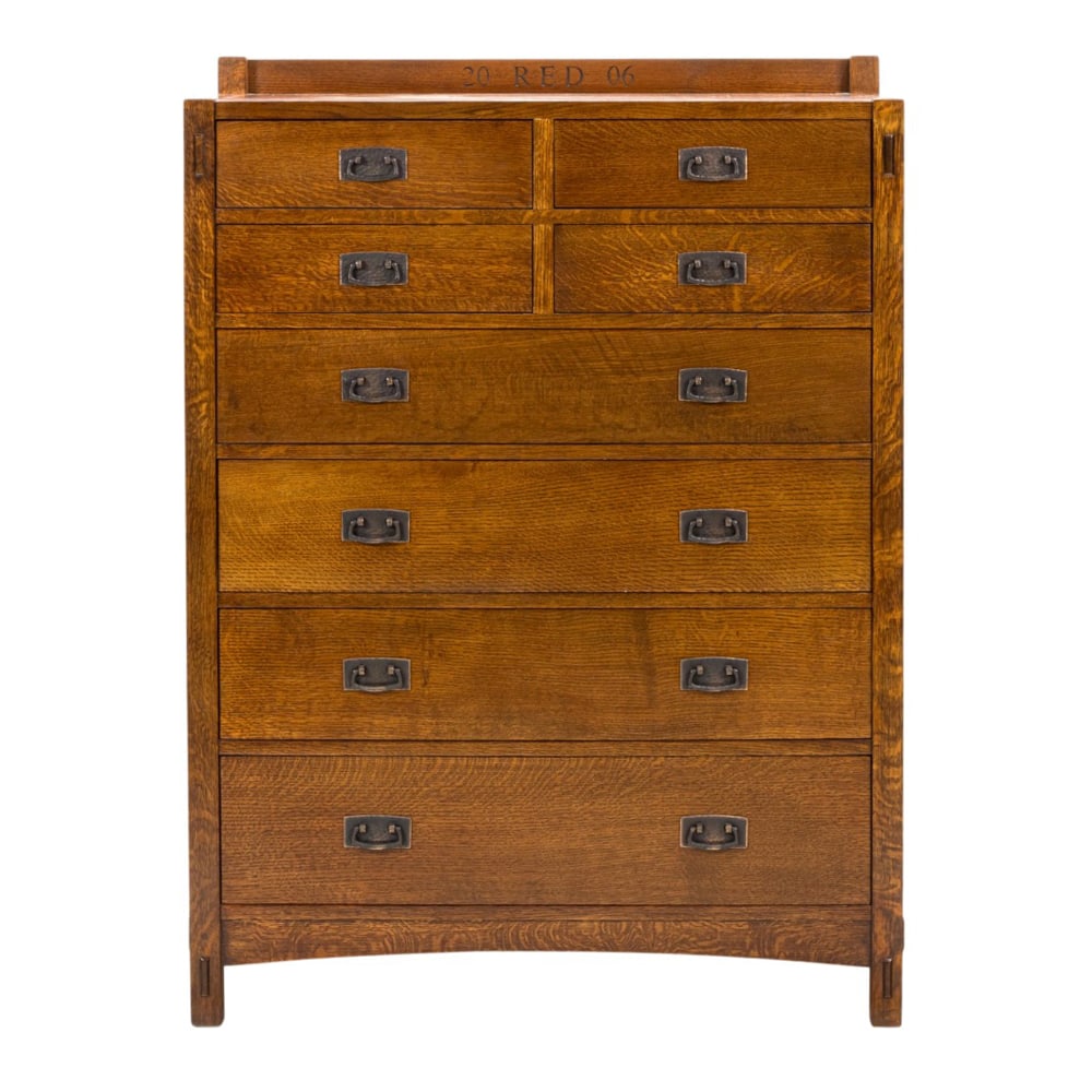 An Arts and Crafts style Stickley Audi tall chest: An Arts and Crafts style Stickley Audi tall chest, with thru tenon construction, and carved 20 RED 06, 54.5"h x 40"w x 20"d