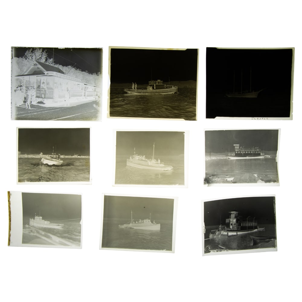 A collection of early San Francisco Bay Area film negatives and photos: A collection of early San Francisco Bay Area film negatives and photos, with one glass negative of San Jose & Santa Clara Railway at Alum Rock Park Station, ship and dock negatives, and early rail