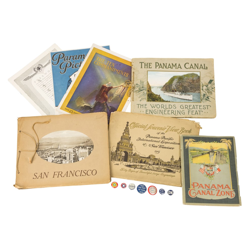 A group of mainly California and Panama-Pacific International Exposition (PPIE) pamphlets and pins: A group of mainly California and Panama-Pacific International Exposition (PPIE) pamphlets and pins, comprising 'Official Souvenir View Book of the Panama-Pacific International Exposition in San
