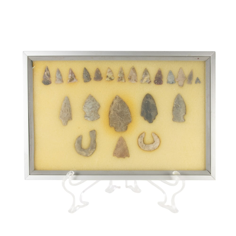 One riker case of ancient hooks and points: One riker case of ancient hooks and points, largest 2"h x 1.5"w
