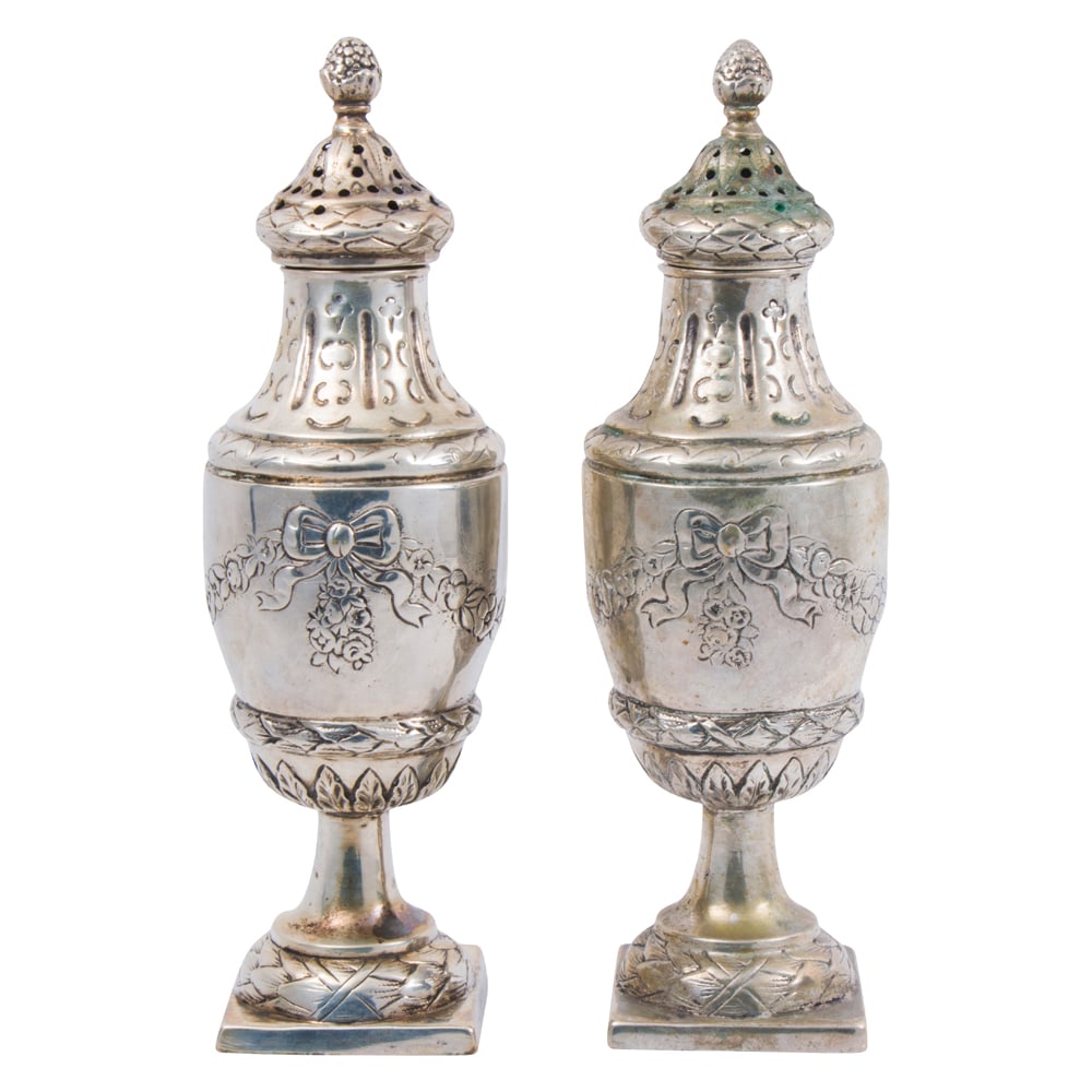A German Hanau pair of urn form casters: A German Hanau pair of urn form casters, pseudo hallmarks attributed to Gebruder Dingeldein, H. 6 in. (7.38 oz t.)