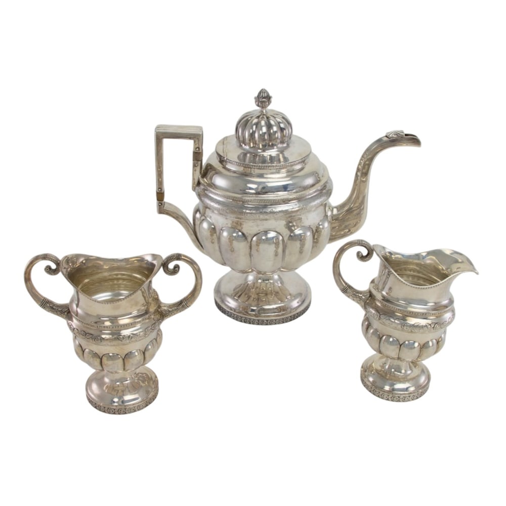 An American Federal silver teapot with later matching sterling cream and sugar; the teapot by (1 of 2)