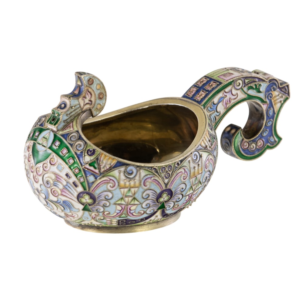 A Russian 84 standard silver gilt and cloisonne enamel miniature kovsh: A Russian 84 standard silver gilt and cloisonne enamel miniature kovsh, Feodor Ruckert, Moscow, 1908-1917, H. 2 1/4 in x L. 4 in x W. 2 1/4 in.