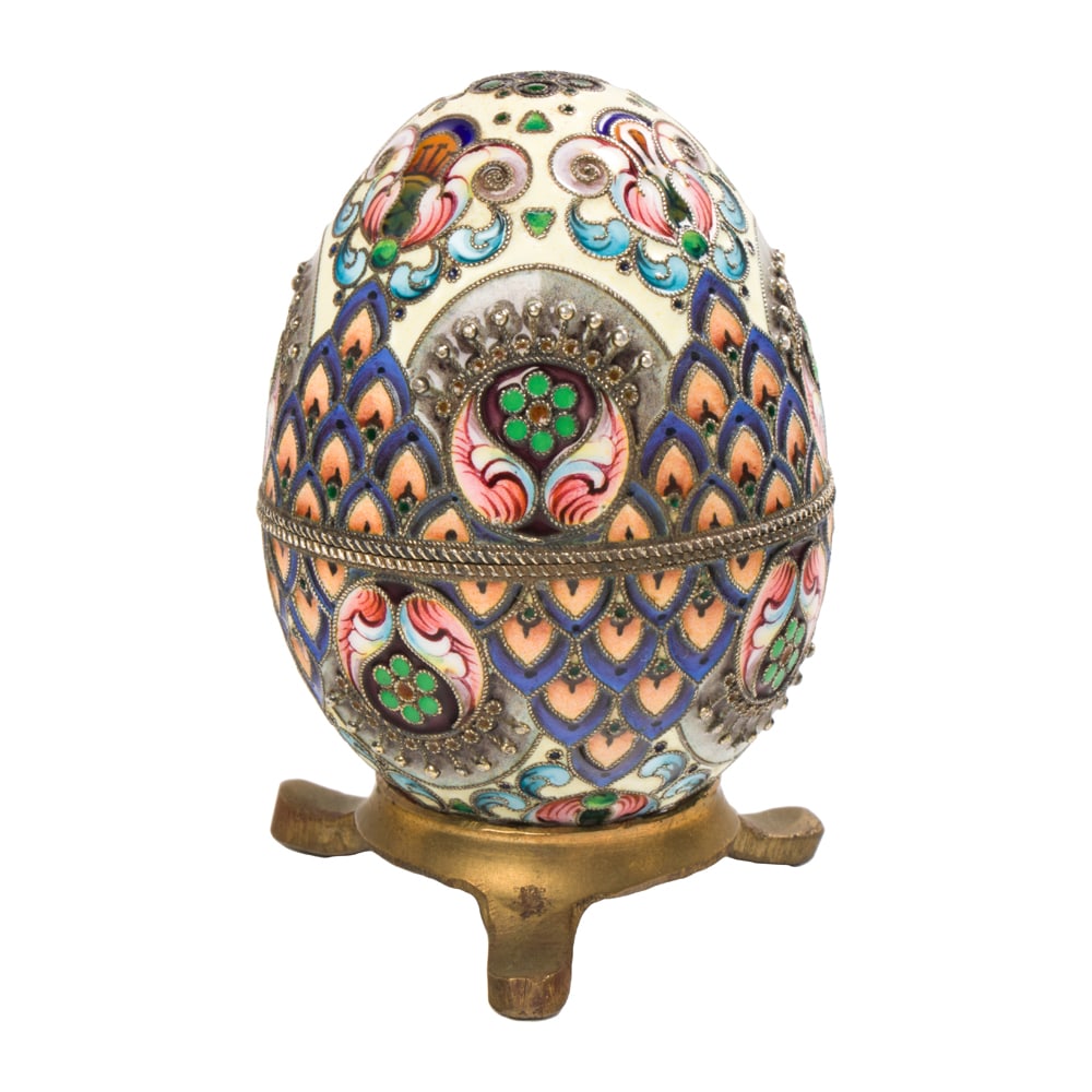 A Russian 84 standard silver gilt and shaded enamel egg: A Russian 84 standard silver gilt and shaded enamel egg, 11th Artel, Moscow, the interior with applied silver plaque with engraved inscription: BB 19 9/V 18; H. 2 1/2 in.