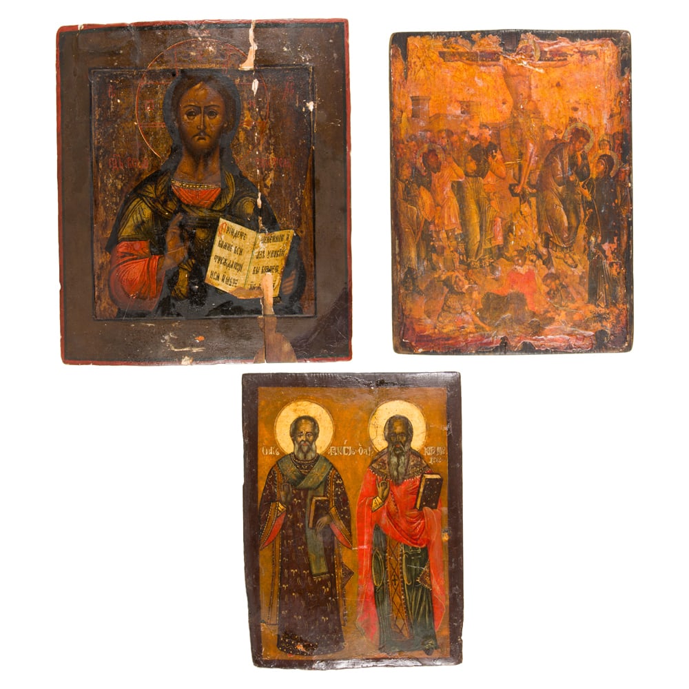 Three icons: Three icons, including Russian icon of Saint Blaise (Vlasiy) and Saint Modestus (Modest), 11"h x 8"w; icon of Christ Pantokrator, 11.5"h x 10.75"w and icon with Crucifixion, 12"h x 9"w