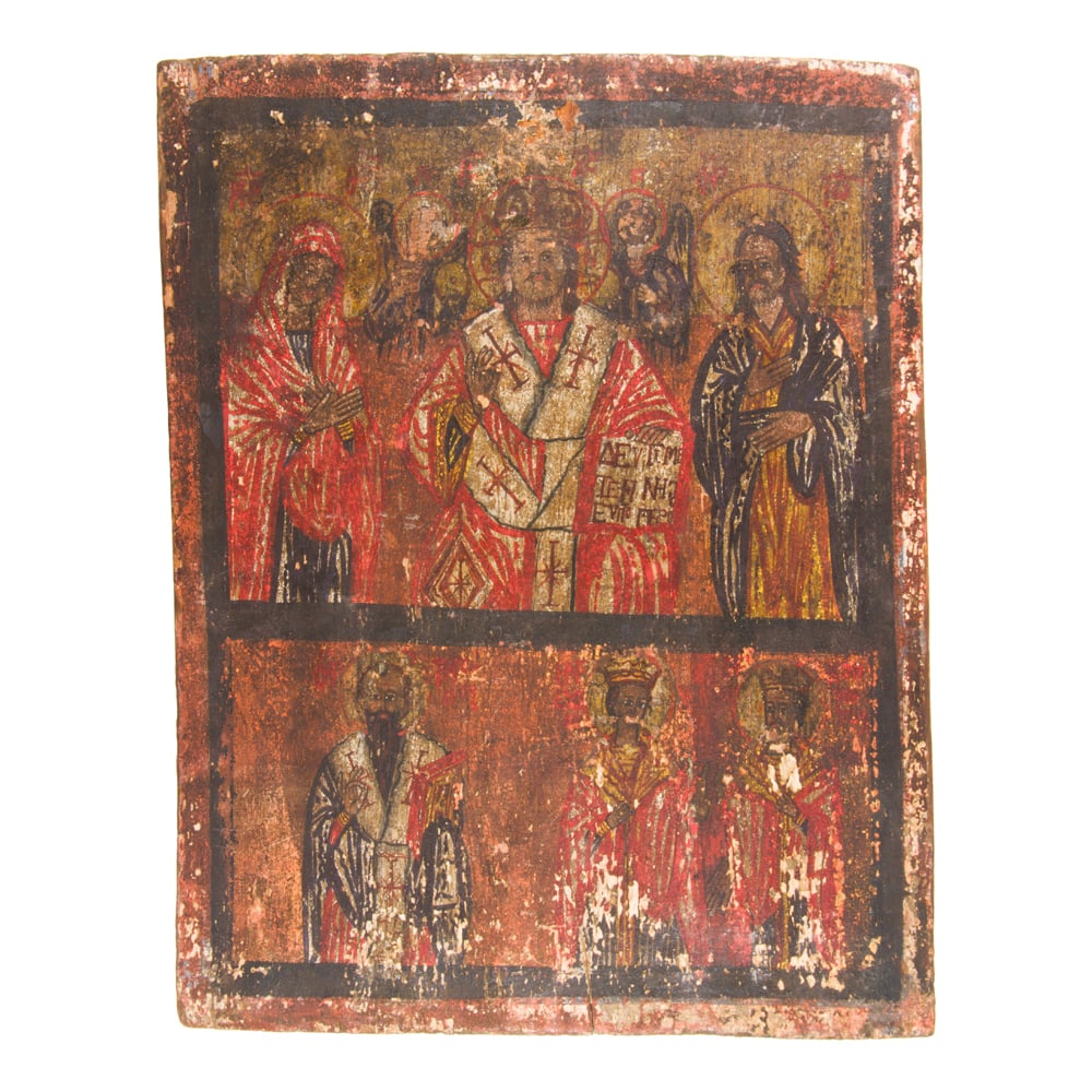 A Russian icon: A Russian icon, late 19th century, depicting the Deesis and Saints, 13.5"h x 10.75"w