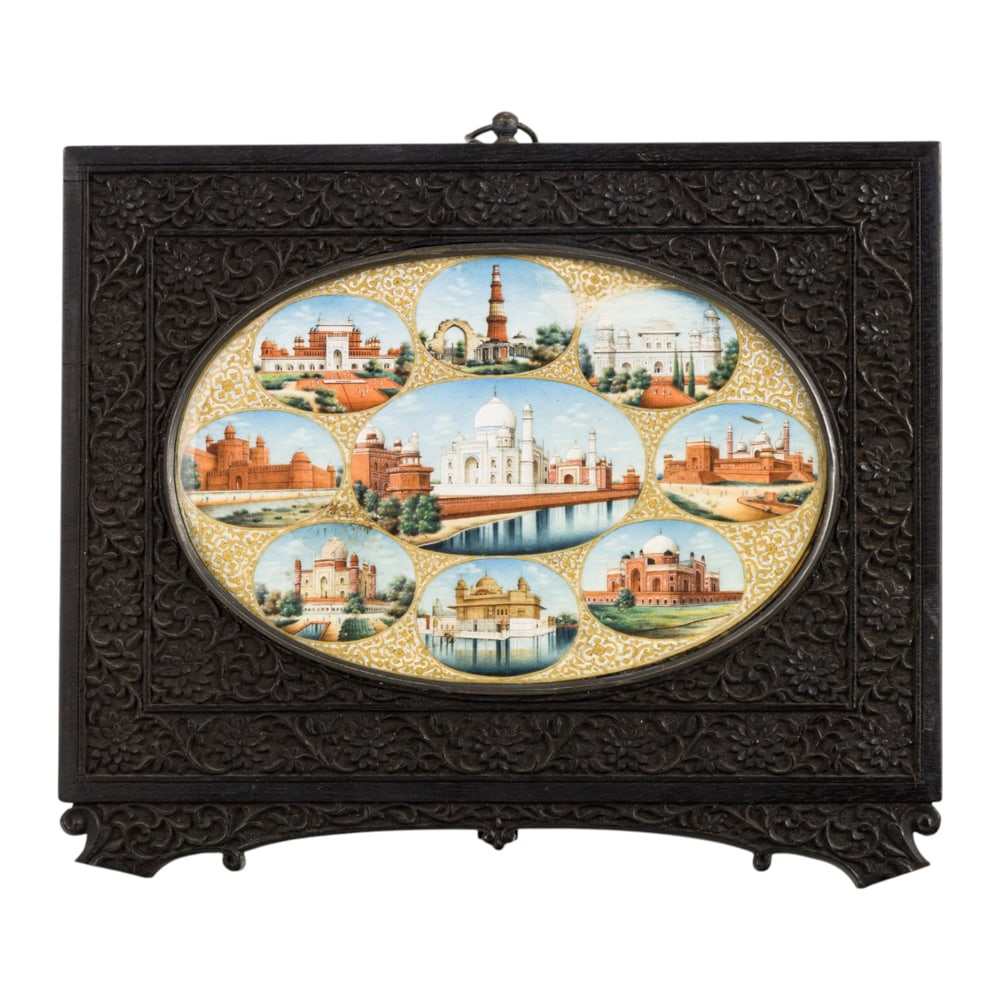 An Anglo-Indian miniature of the Taj Mahal and surrounding historical monuments: An Anglo-Indian miniature of the Taj Mahal and surrounding historical monuments mounted in carved ebony frame, 6.5"h x 8"w (framed); 3.75"h x 5.75"w (sight)