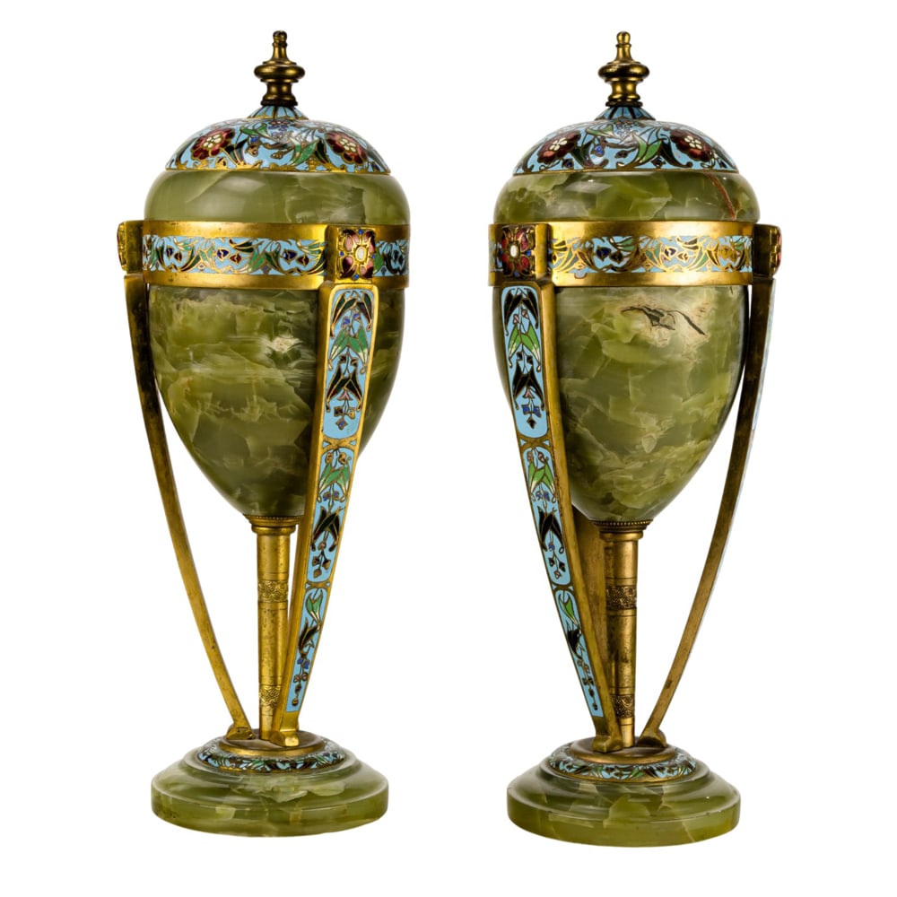 A pair of French cloisonne enamel, gilt bronze and green onyx mantel urns (1 of 6)