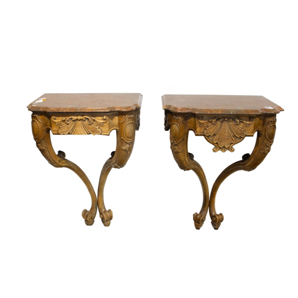 A pair of Regence style carved console tables with marble tops (1 of 4)