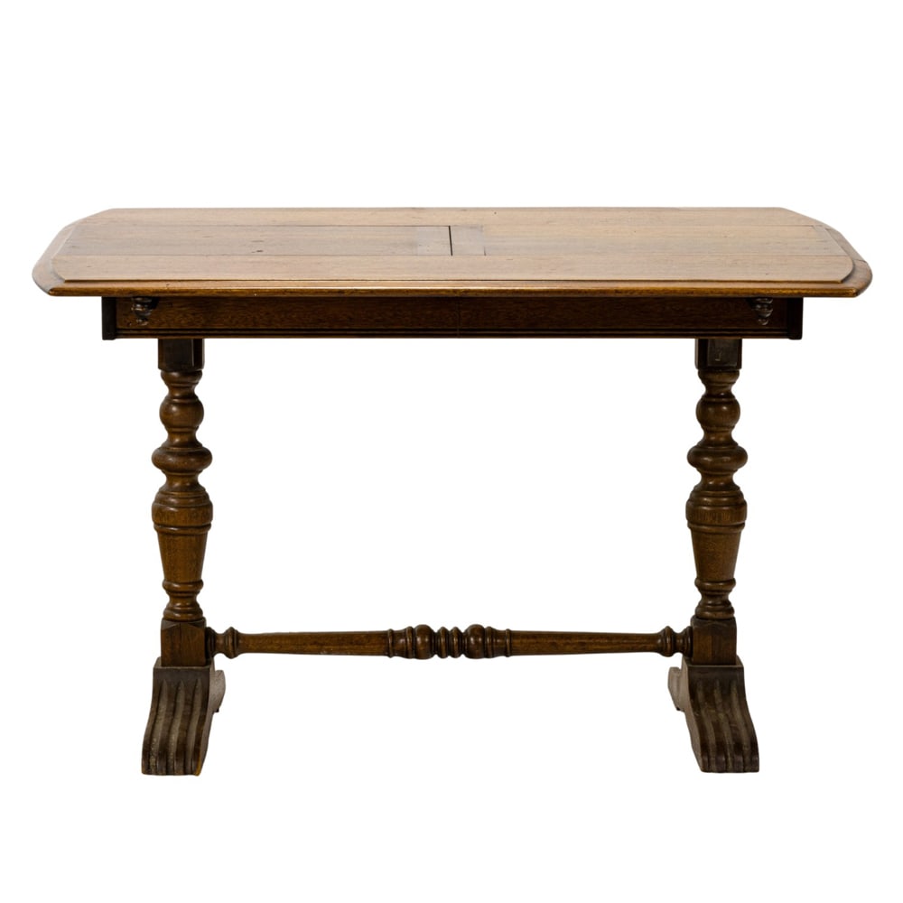 An English extension sofa table: An English extension sofa table, 30"h x 47.5"w x 35"d (greatest); 21.5"d (smallest)