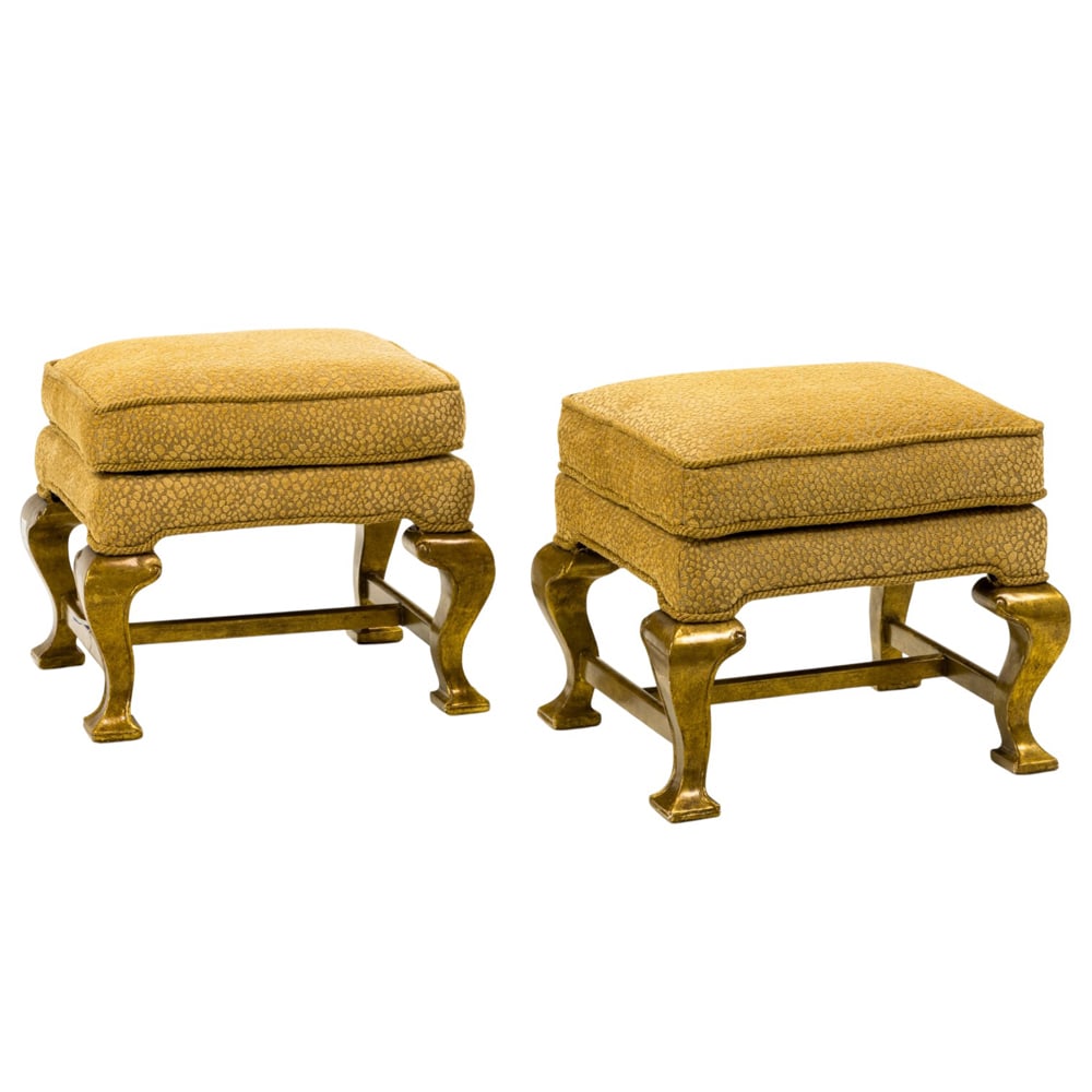 A pair of contemporary gilt stools: A pair of contemporary gilt stools, with gold upholstery, and robust cabriole legs, 20"h x 22.5"w x 20"d