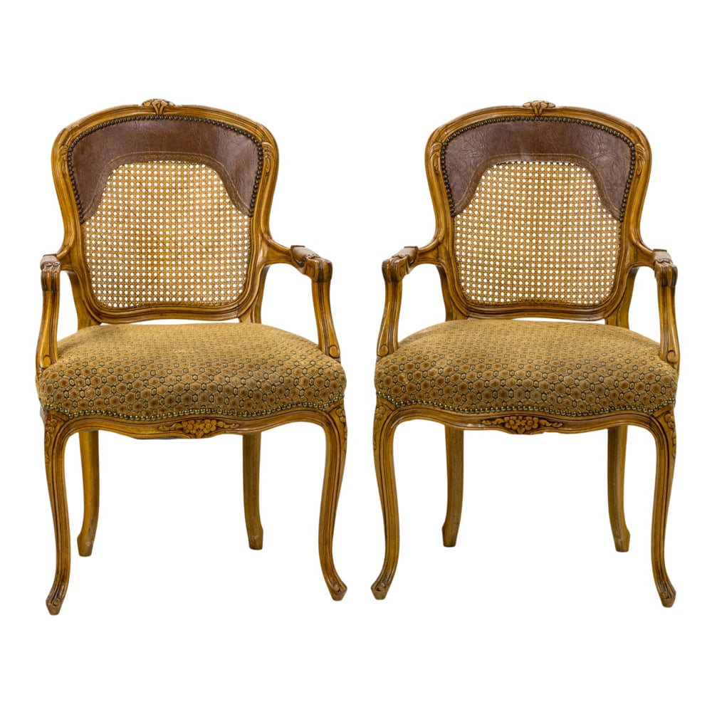 A pair of Louis XV style caned bergeres: A pair of Louis XV style caned bergeres, the back with leather panel over the cane foundation, and an upholstered seat with brass nail head trim37"h x 23"w x 23.5"d (overall); 20"h x 19"d (seat).