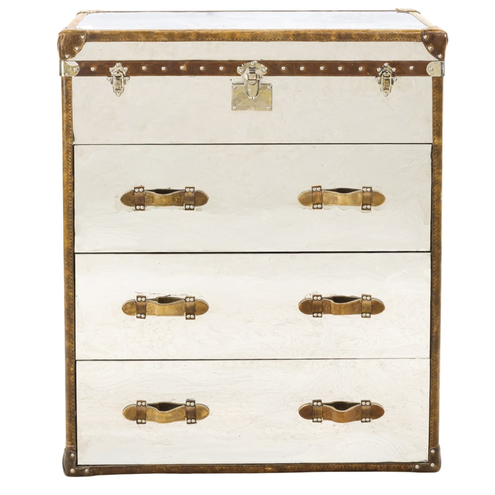 An antique leather bound trunk with metal panels: An antique leather bound trunk with metal panels, 48"h x 39.5"w x 18.5"d. Provenance: A private collection, Russian Hill, San Francisco, from the storied Gold Coast residence known as "House of Grand