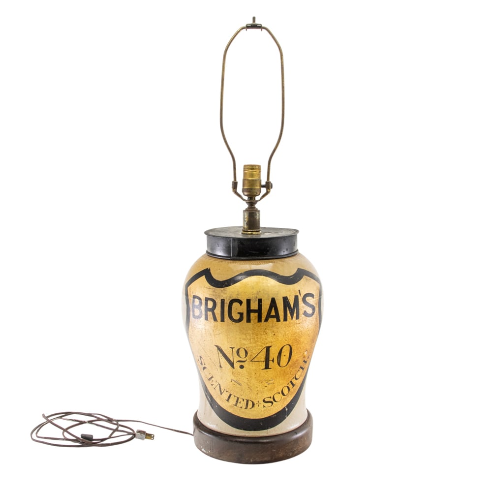 An English ceramic canister lamp: Brigham's No. 40: An English ceramic canister lamp: Brigham's No. 40, 20.5"h x 9"dia (electrical fitting); 30"h (overall). Provenance: A private collection, Russian Hill, San Francisco, from the storied Gold Coast