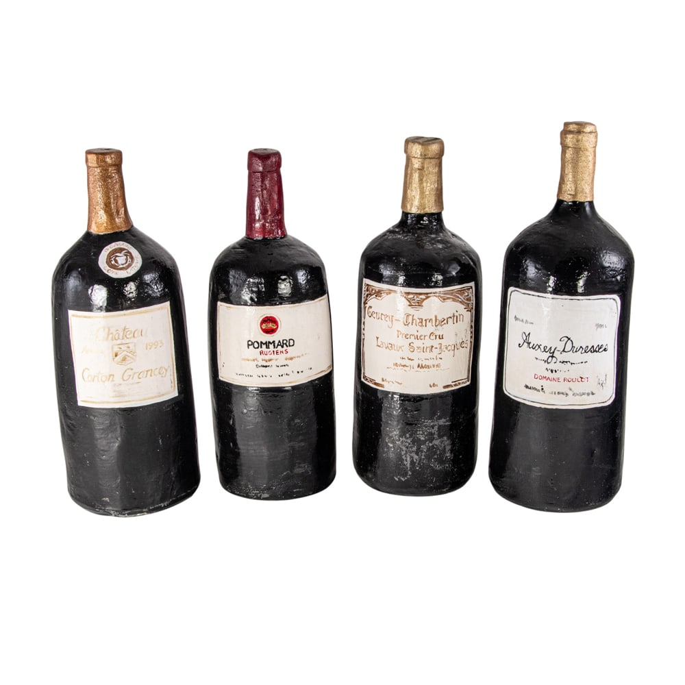 Four ceramic replicas of fine wine bottles: Four ceramic replicas of fine wine bottles, signed and dated 'Harry's Love, '96', between 12.5"h and 13.25"h. Provenance: A private collection, Russian Hill, San Francisco, from the storied Gold