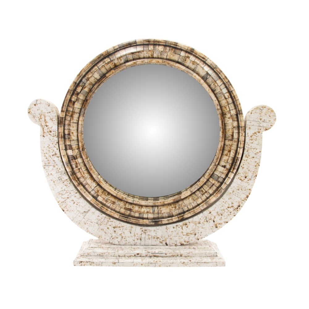 A large bone paneled dressing mirror: A large bone paneled dressing mirror, 24"h x 27"w x 6"d (overall); 20"dia (mirror). Provenance: A private collection, Russian Hill, San Francisco, from the storied Gold Coast residence known as
