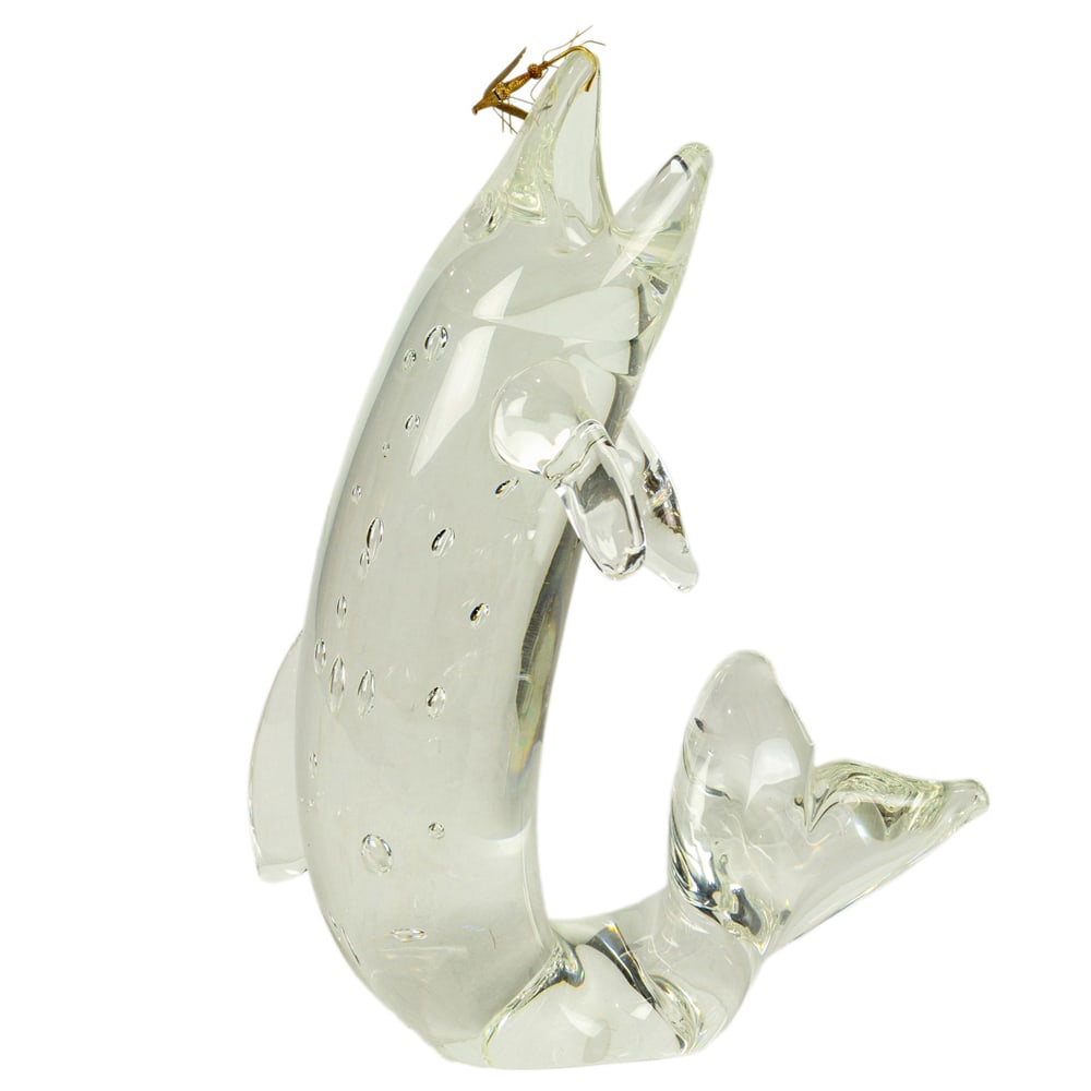 A Steuben glass and 18k gold model of Trout & Fly: A Steuben glass and 18k gold model of Trout & Fly, designed by James Houston in 1966, incised factory signature, overall 8"h x 6.5"w x 2.5"d