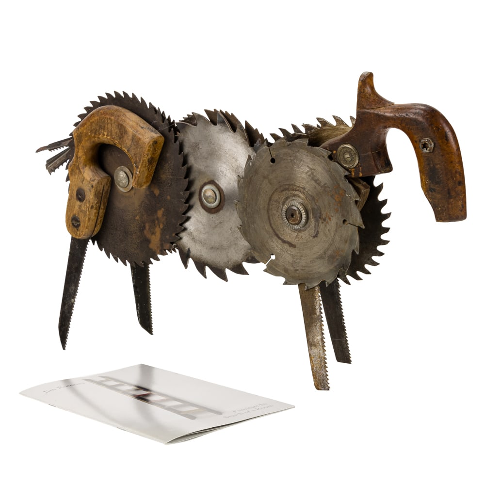 A Jim Rosenau (Berkeley: A Jim Rosenau (Berkeley, California) mixed-media sculpture: Cutting Horse, dated 2014, the figure composed of saw blades and wood, 13"h x 13"w