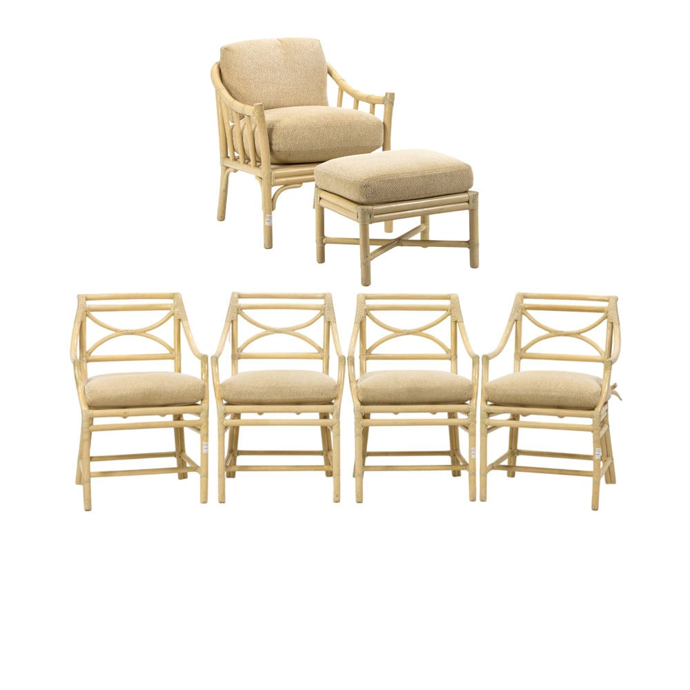 A group of McGuire San Francisco cream finish rattan chairs: A group of McGuire San Francisco cream finish rattan chairs, comprising (4) dining chairs, 33"h x 22.5"w x 26"d (overall); 21"h x 20"d (seat); (1) lounge chair 28"w x 25"w x 29"d (overall); 22"h x 19"