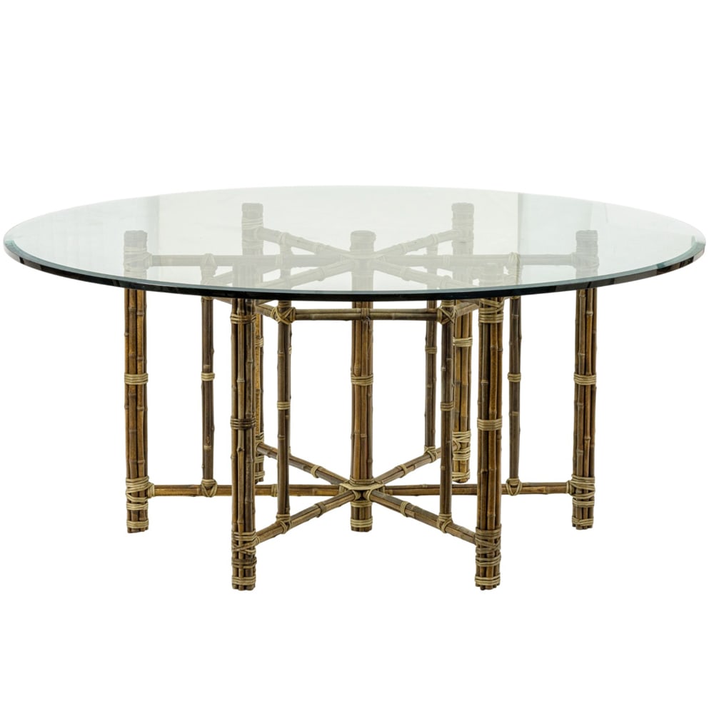 A McGuire San Francisco dining table: A McGuire San Francisco dining table with circular glass top raised on hexagonal bamboo base, 28.5"h x 66"dia