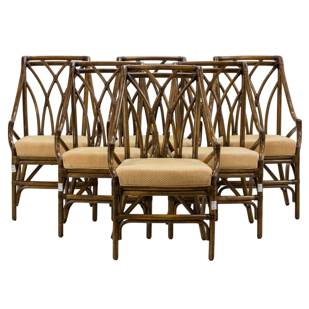 A set of six McGuire San Francisco rattan dining armchairs: A set of six McGuire San Francisco rattan dining armchairs, 37"h x 23.5"w x 29"d (overall); 20"h x 20"d (seat)