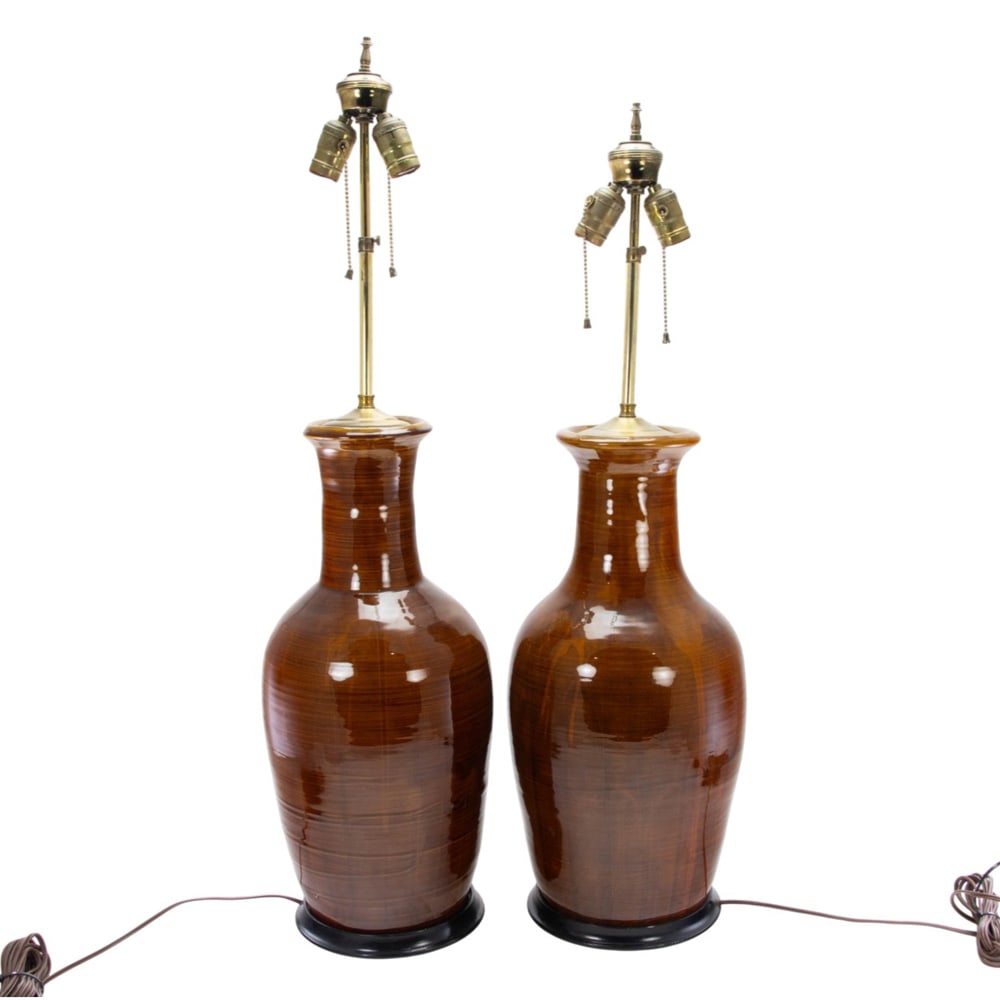 A large pair of vintage brown glazed pottery table lamps (1 of 4)