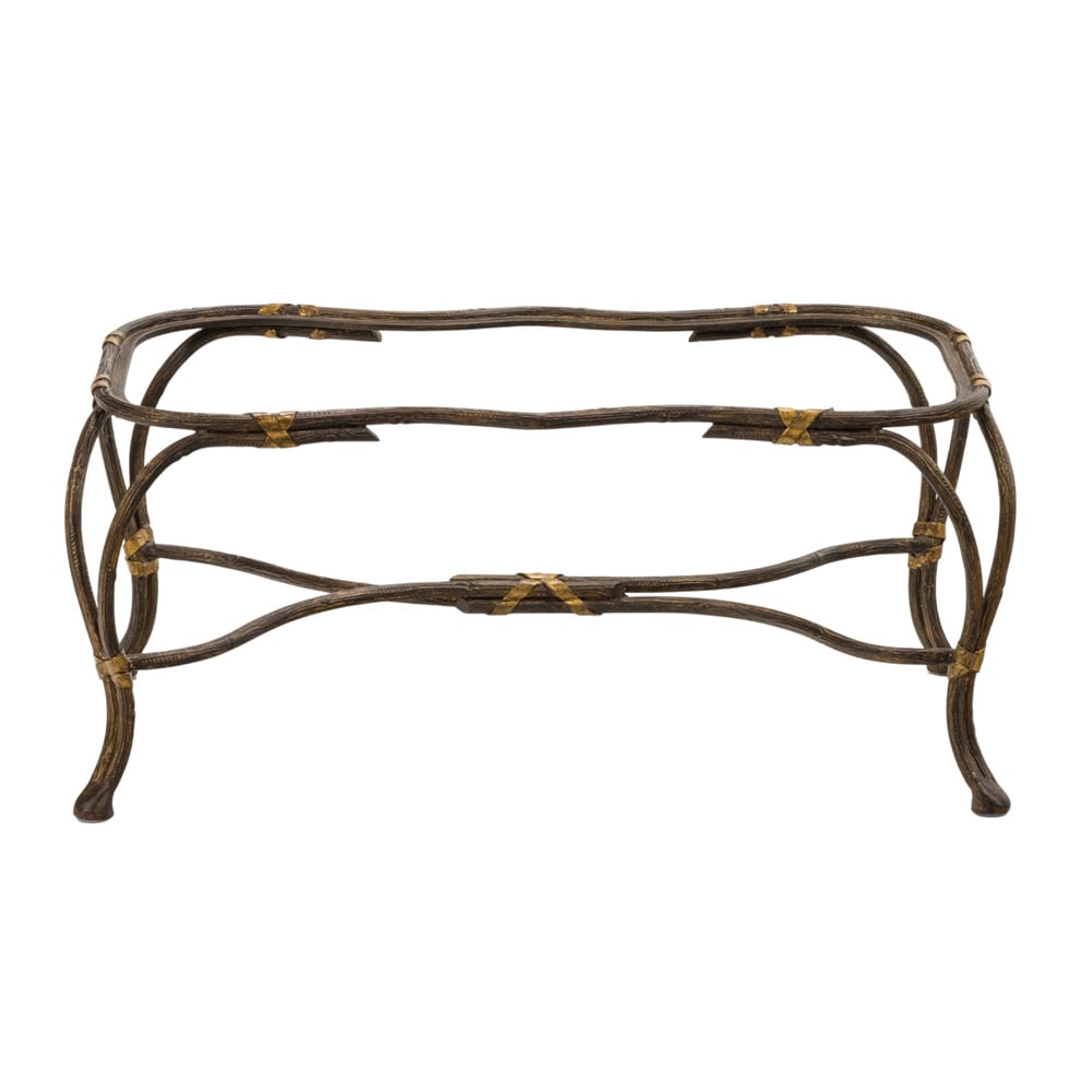 A contemporary patinated and parcel gilt metal faux bois coffee table frame: A contemporary patinated and parcel gilt metal faux bois coffee table frame, in the form of ribbon bound reeds, 14"h x 31.5"w x 17.5"d