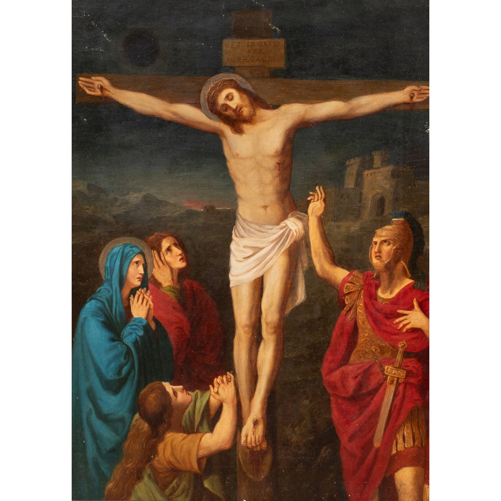 Painting, European School (19th century): European School (19th century), The Twelfth Station of the Cross, oil on canvas, unsigned, canvas: 21.75"h x 16"w, overall (with frame): 45"h x 21.5"w