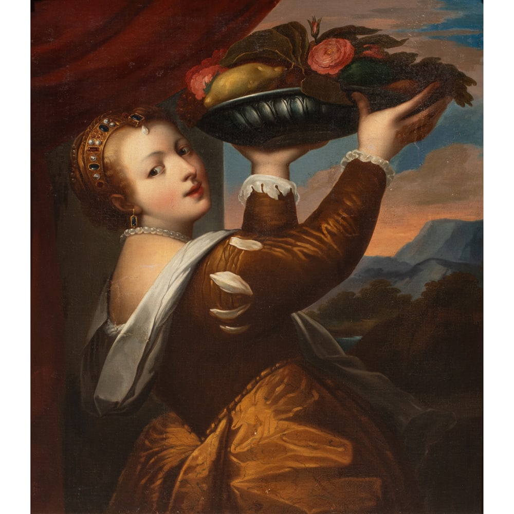 Painting, After Titian: After Titian (Italian, c. 1485-1576), Lavinia, oil on canvas, unsigned, canvas: 39.5"h x 33"w, overall (with frame): 50.5"h x 44.25"w