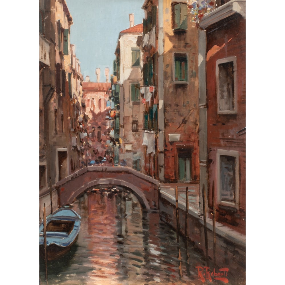 Painting, Raimondo Roberti: Raimondo Roberti (Italian, b. 1947), Venetian Canal, oil on board, signed lower right, sight: 15"h x 11"w, overall (with frame): 22.5"h x 18.25"w
