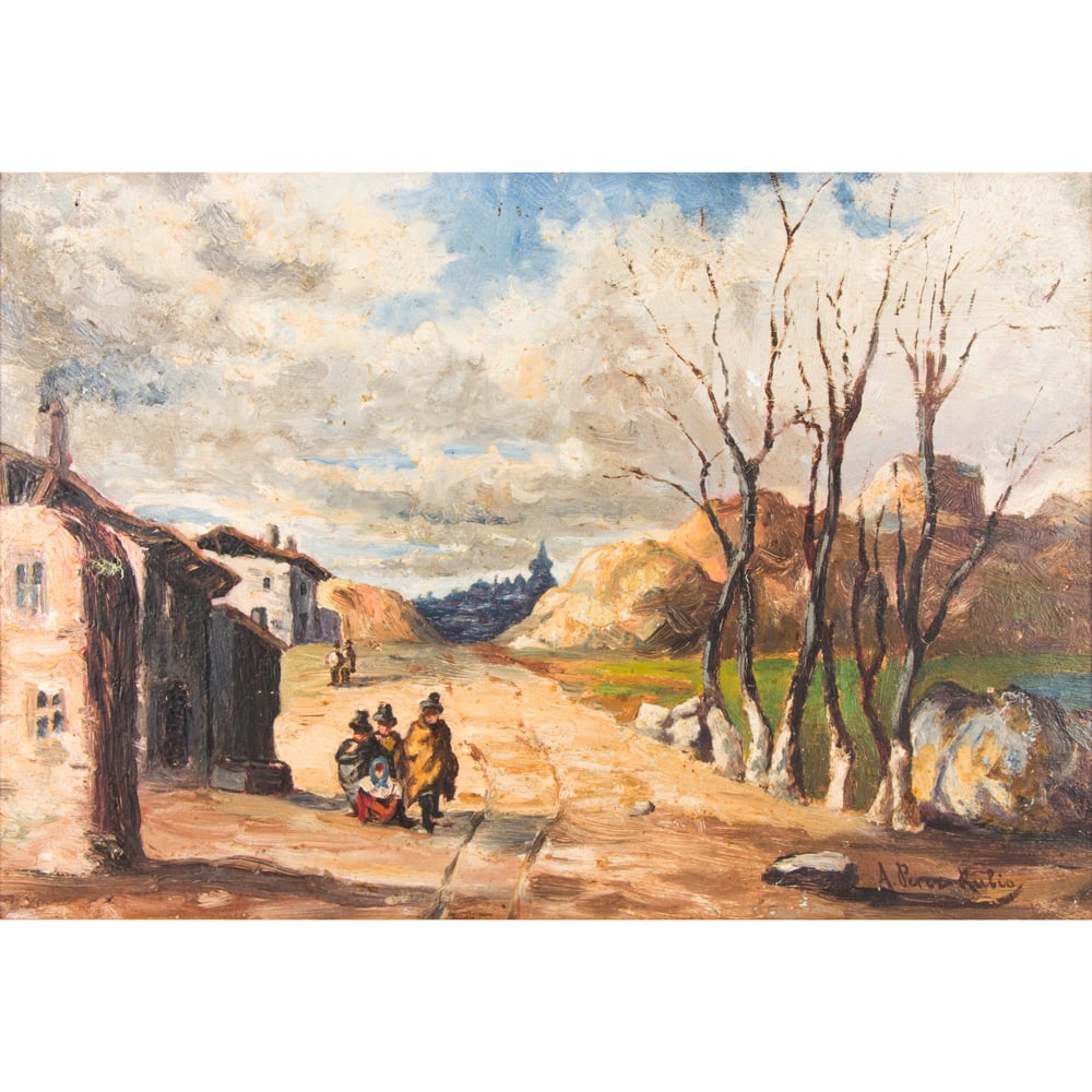 Painting, Antonio Perez Rubio: Antonio Perez Rubio (Spanish, 1822-1888), Figures on a Country Lane, oil on board, signed lower right, board: 9.5"h x 13.5"w, overall (with frame): 11.75"h x 16"w