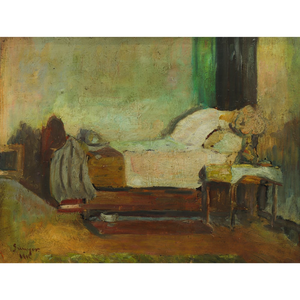 Painting, Joaquim Sunyer: Joaquim Sunyer (Spanish, 1874-1956), Bedroom, 1912, oil on paperboard, signed and dated lower left, board: 9"h x 12"w, overall (with frame): 14"h x 17"w