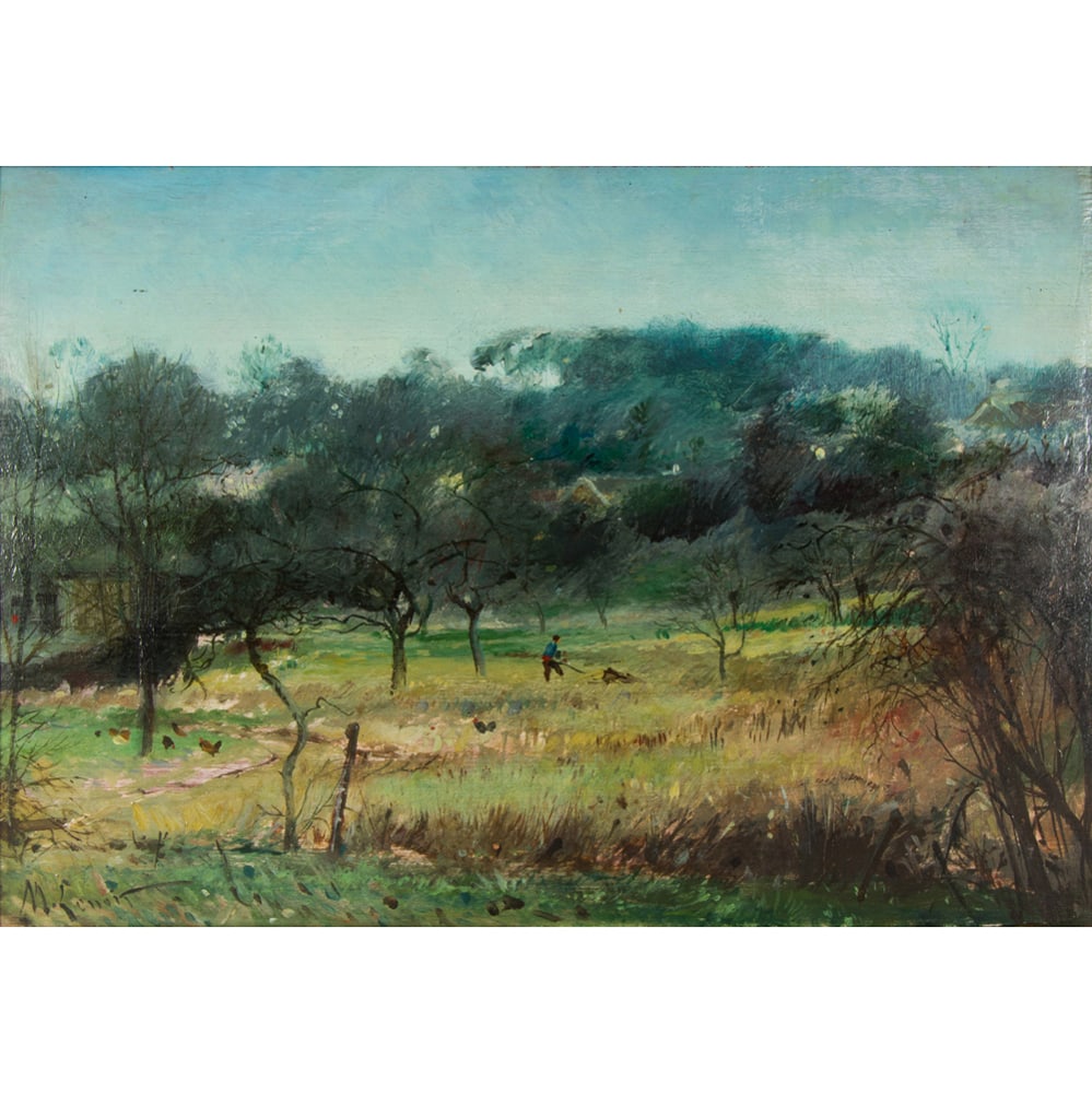 Painting, Marcel Lenoir: Marcel Lenoir (French, 1872-1931), Working the Fields, oil on panel, signed lower left, board: 10.5"h x 14.75"w, overall (with frame): 16"h x 20.25"w