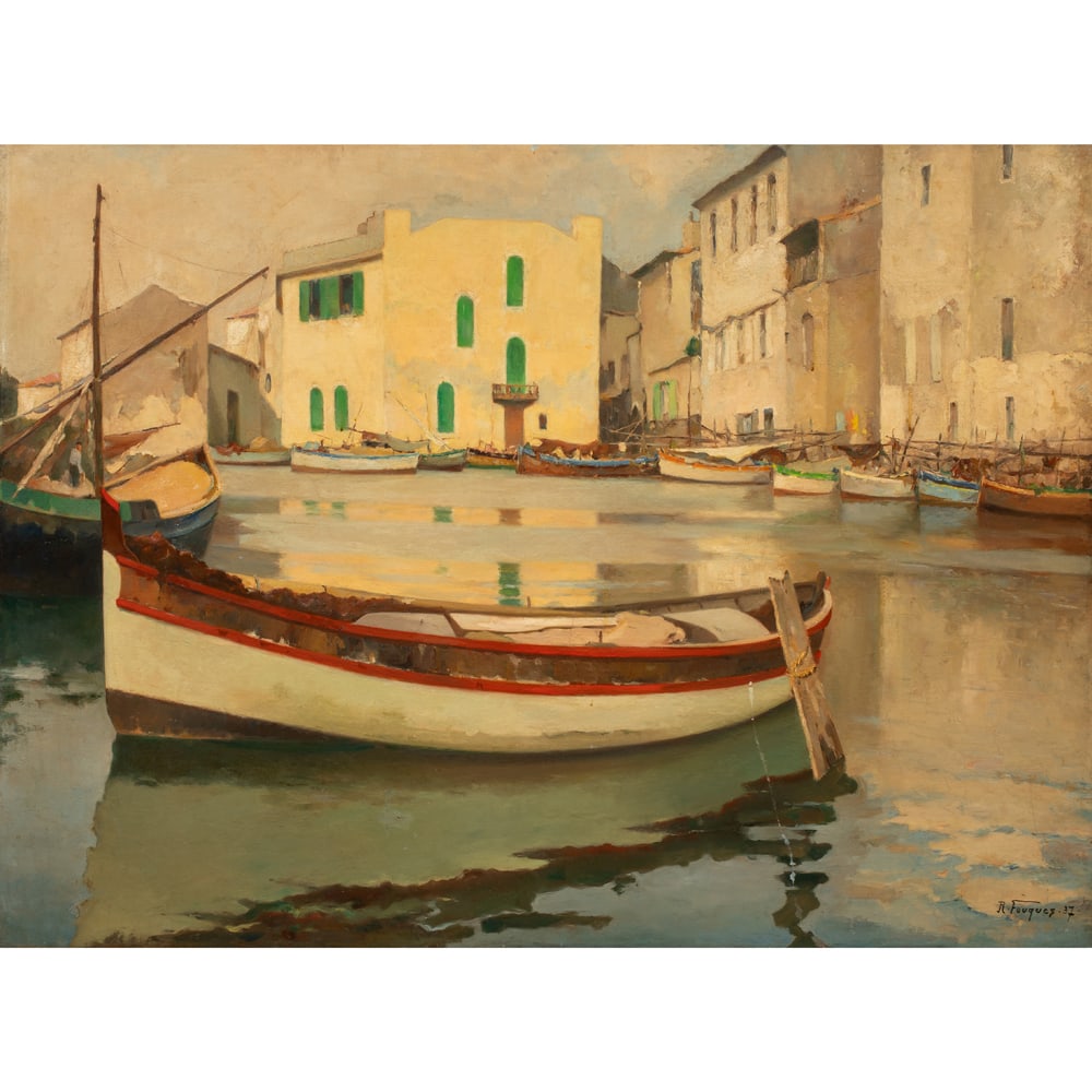 Painting, Robert Henri Fouques: Robert Henri Fouques (French, 1892-1956), Martigues, 1937, oil on canvas, signed lower right, titled on handwritten label on stretcher, canvas: 38"h x 52"w, overall (with frame): 45"h x 58"w