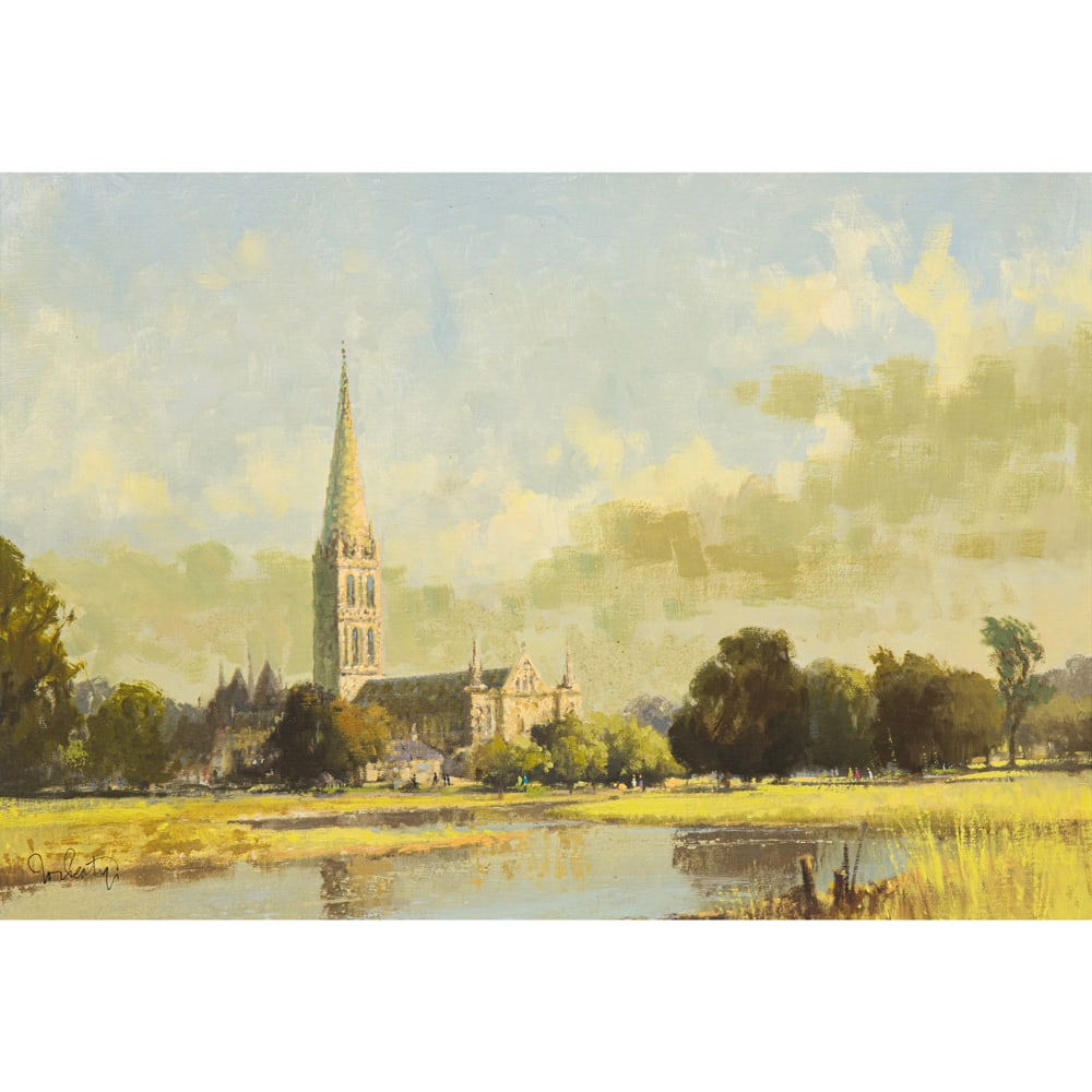 Painting, Jon Peaty: Jon Peaty (British, 1914-1991), "Salisbury Catherdral," oil on canvas, signed lower left, sight: 23"h x 33.5"w, overall (with frame): 29.25"h x 39.25"w