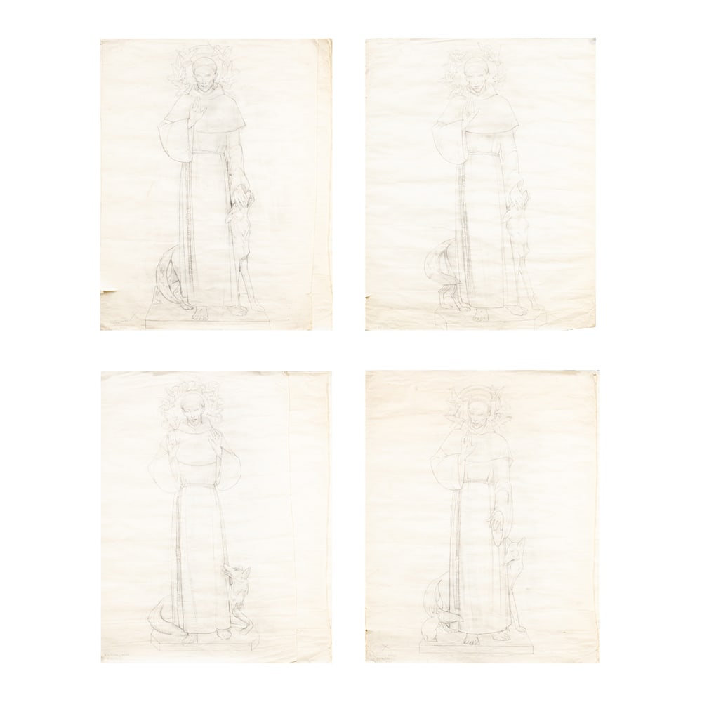 Works on paper, Alfred James Oakley: (lot of 4) Alfred James Oakley (British, 1878-1959), Studies for Sculpture of St. Francis, each charcoal on paper, each signed lower left, each sheet (unframed): 30"h x 24"w. Note: Accompanied by corr
