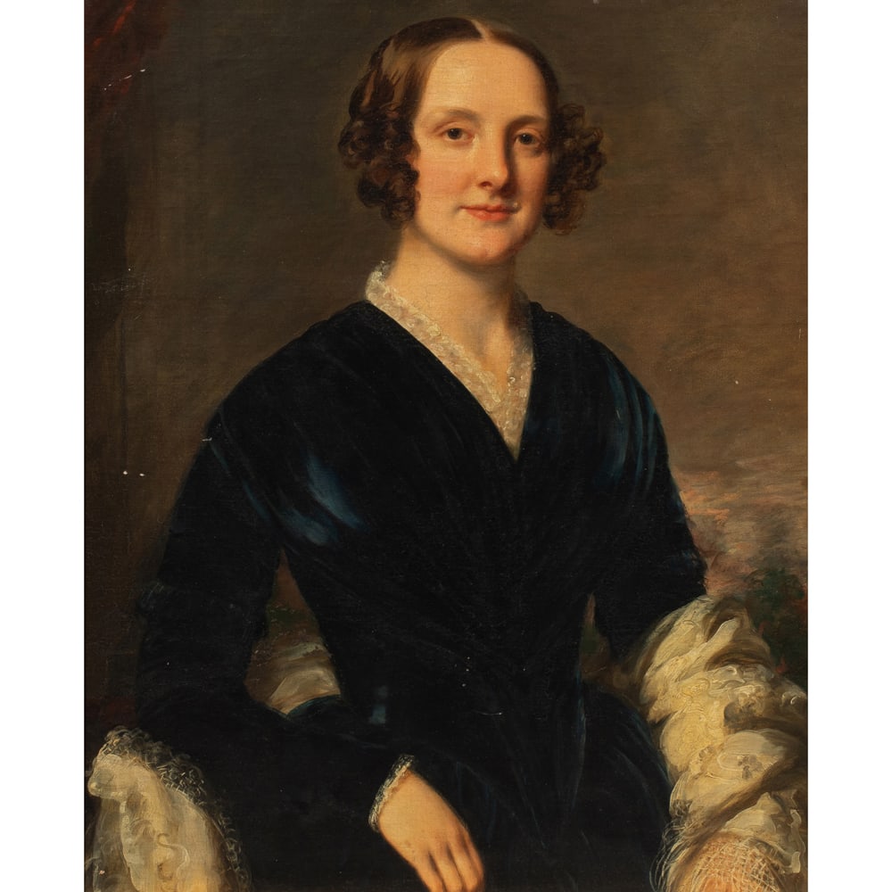 Painting, British School (19th century): British School (19th century), Portrait of a Young Woman, oil on canvas affixed to board, unsigned, board: 31.5"h x 24"w, overall (with frame): 40.5"h x 35.5"w