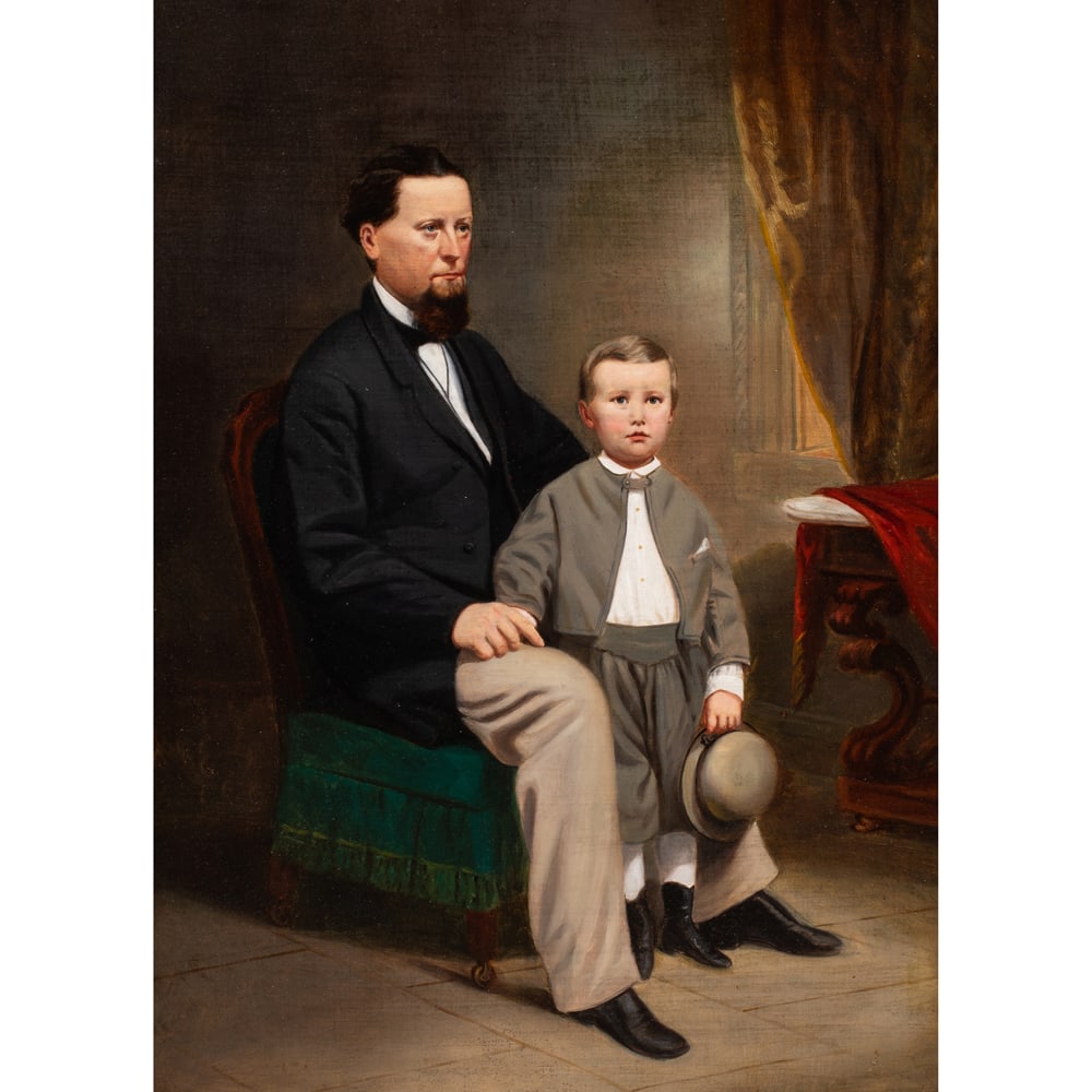 Painting, Jonah Cox: Jonah Cox (19th century), Portrait of George E. and Jerome G. Whitcomb of Indiana, 1866, oil on canvas, auction label (Cowan's) affixed verso, canvas: 30"h x 22.25"w, overall (with frame): 38"h x 30"w