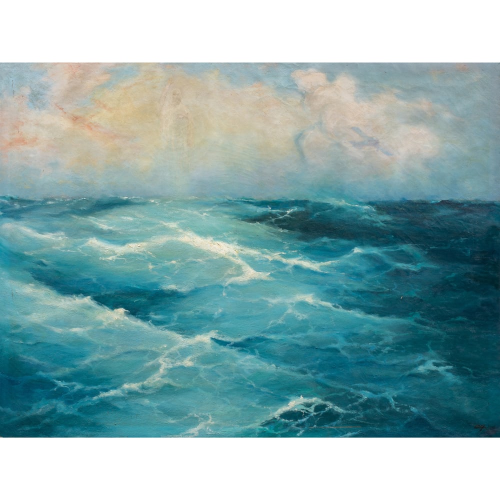 Painting, Carl Calusd: Carl Calusd (American, 1860-1936), "Guiding Spirit of 'We'," oil on canvas, signed lower left and titled on plaque affixed to stretcher bar, canvas: 41"h x 54.5"w, overall (with frame): 44.5"h x