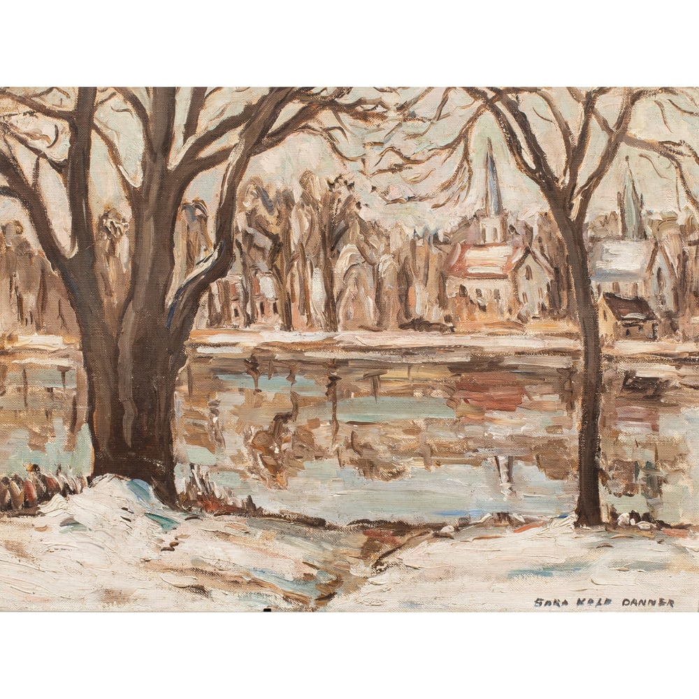 Painting, Sara Danner: Sara Ethel Kolb Danner (American, 1894-1969), Winterscape, oil on canvas affixed to board, signed lower left, board: 12"h x 16"w, overall (with frame): 15"h x 19"w