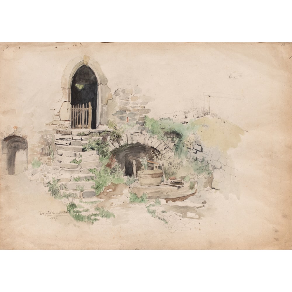 Watercolor, Toby Rosenthal: Toby Rosenthal (American/German, 1848-1917), Untitled (Well in the Garden), 1869, watercolor, signed and dated lower left, sheet: 13.75"h x 19.5"w, overall (with frame): 21.25"h x 27"w