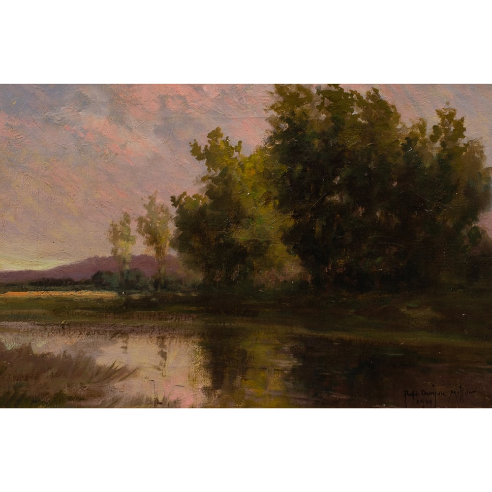 Painting, Ralph Davison Miller: Ralph Davison Miller (American, 1858-1945), "California Sunset," 1909, oil on canvas, signed and dated lower right, canvas: 17.75"h x 12"w, overall (with frame): 21"h x 15"w