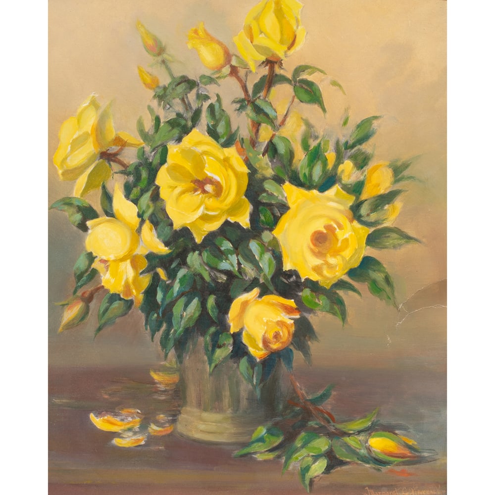 Painting, Margaret Cox Herrick: Margaret Cox Herrick (American, 1865-1950), Still Life with Yellow Roses, oil on board, signed lower right, board: 14"h x 12"w, overall (with frame): 18"h x 16"w