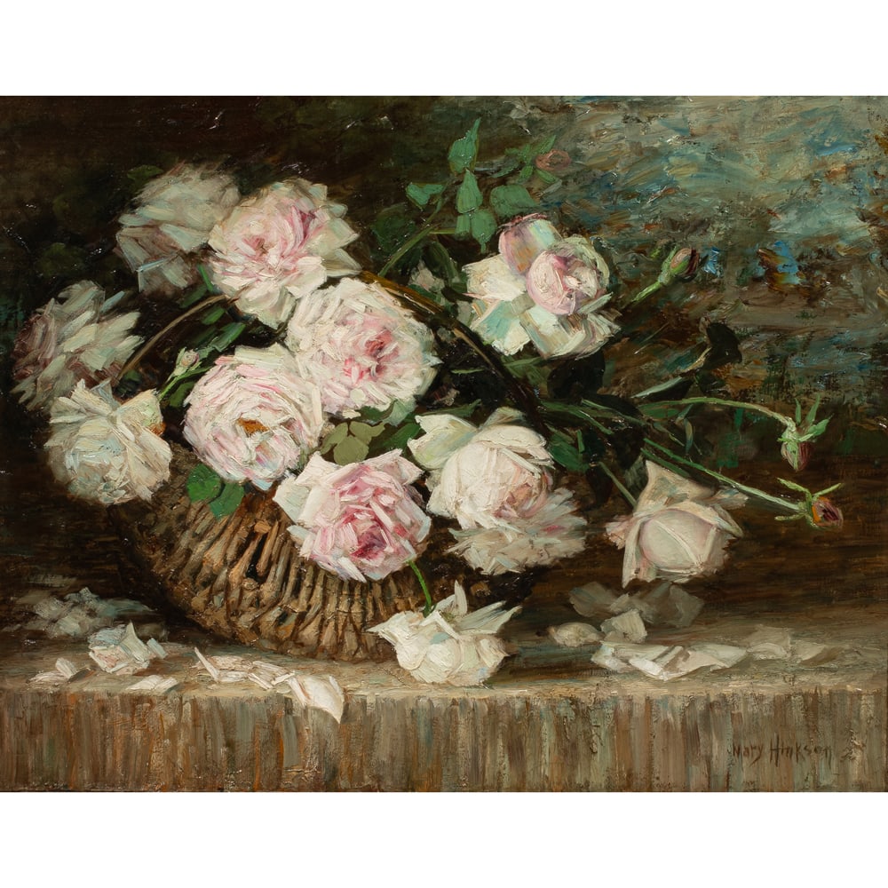 Painting, Mary Hinkson: Mary Hinkson (American, 1863-1936), Still Life with Roses, oil on canvas, signed lower right, canvas: 23"h x 30"w, overall (with frame): 35"h x 41"w