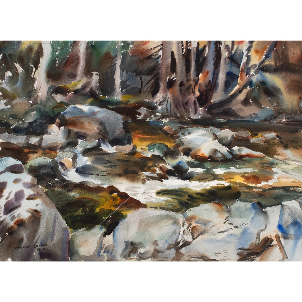 Watercolor, Maurice Logan: Maurice Logan (American, 1886-1977), "Mountain Stream," watercolor, signed lower left, sight: 21"h x 29"w, overall (with frame): 29.5"h x 37"w