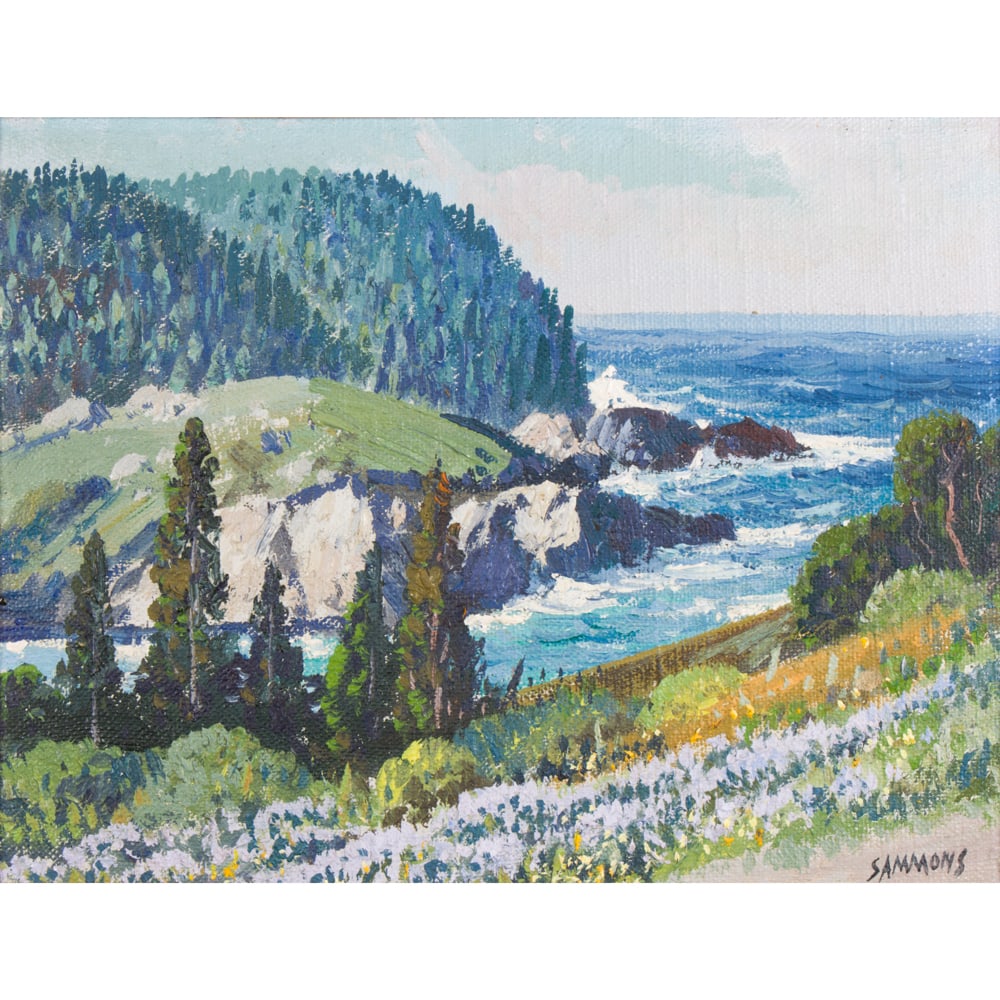 Painting, Carl Sammons: Carl Sammons (American, 1883-1968), Wildflowers on the Coast, oil on canvas affixed to board, signed lower right, board: 6"h x 8"w, overall (with frame): 11"h x 13"w