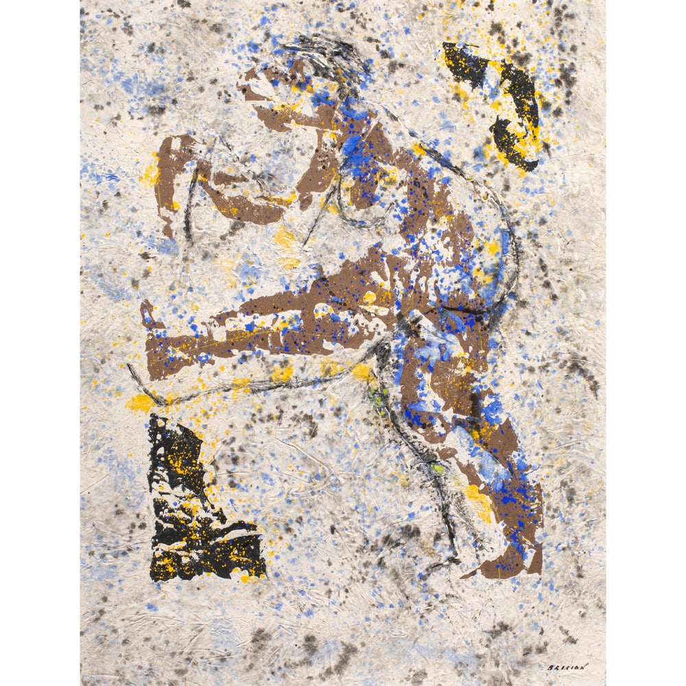 Work on paper, Pierre Marie Brisson: Pierre Marie Brisson (French, b. 1955), Untitled (Figure in Blue and Yellow), mixed media on handmade paper, signed lower right, sight: 45.5"h x 34.5"w, overall (with frame): 54"h x 43.5"w