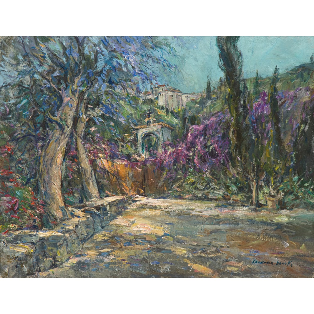 Painting, Leonard Brooks: Leonard Brooks (Mexican/British, 1911-2011), "Jacaranda y Bouganvillea," 1991, oil on canvas, signed lower right, signed, titled, and dated verso, artist studio label affixed verso, canvas: 22"h x